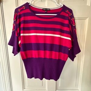 Cable & Gauge Striped Knit Top Dolman Sleeve Eyelet Detail Purple Pink Size M